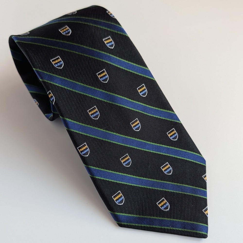 Bruno Piattelli Mens Silk Tie Navy Blue Green Striped Crest Shield Made in USA
